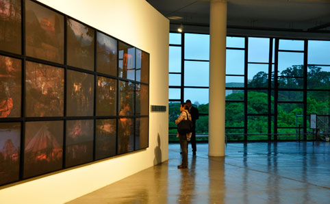 Patrons look at art at the Pavilhão da Bienal