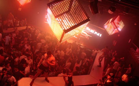 Crowd and go-go dancers inside Flex